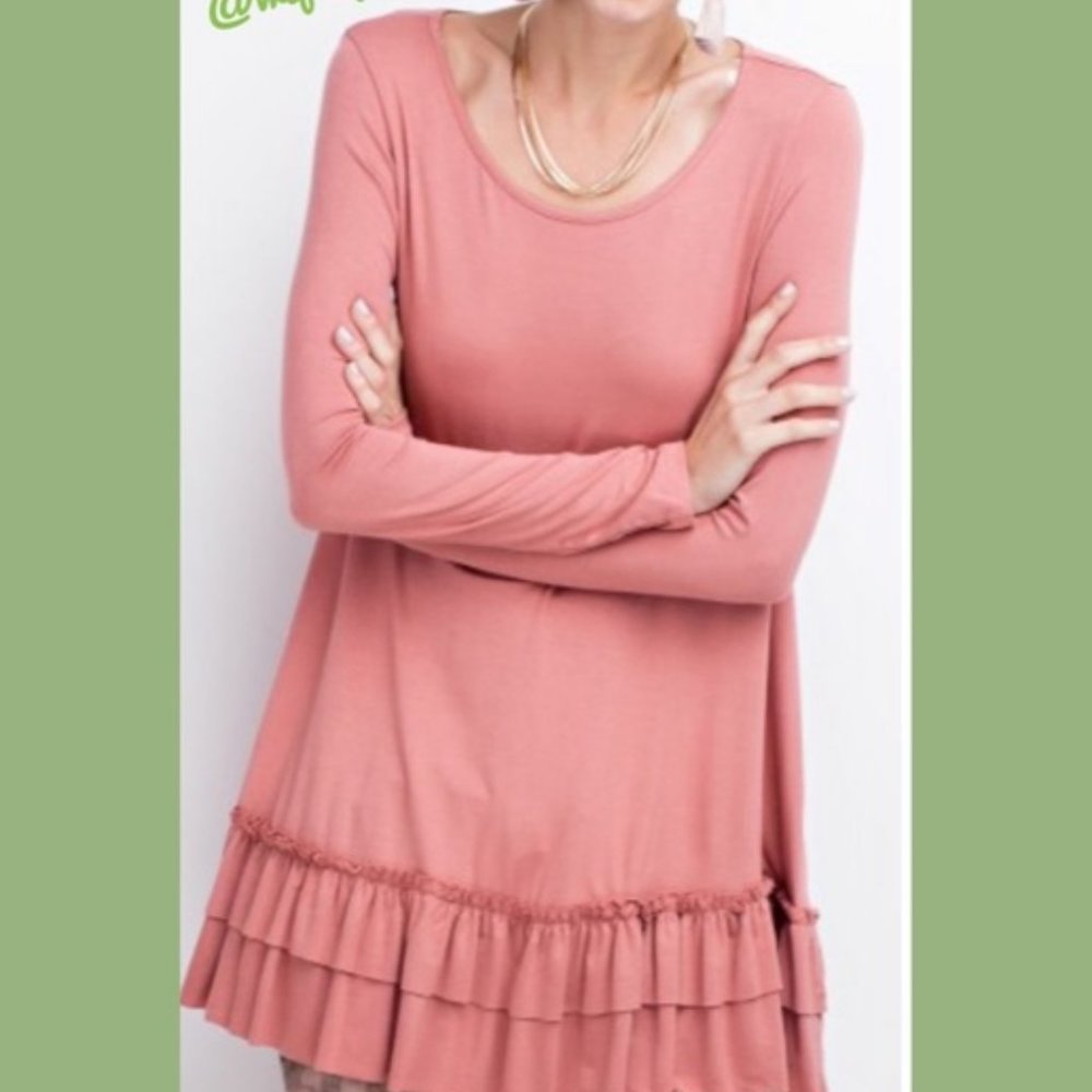 Scoop Neck Double Ruffle Hem Tunic 1X Antique Rose